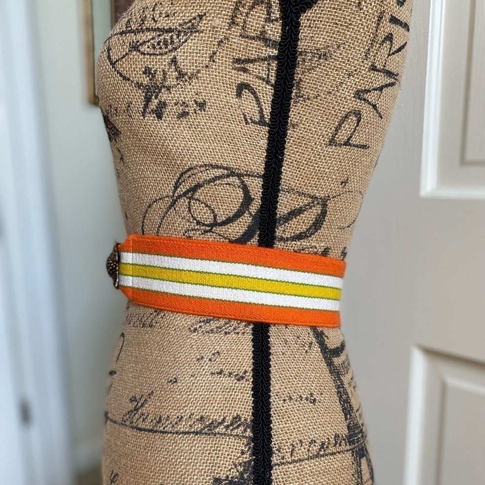 Vintage Statement Brass-tone Double Frog Hook Closure Stretch Waist Belt Small - Picture 9 of 10
